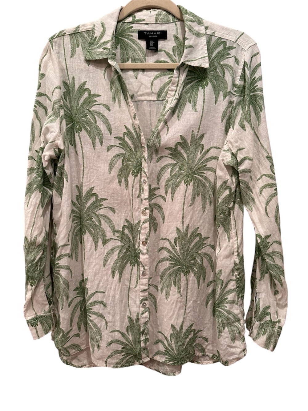 Tahari Light Natural Breezy Tropical Palm Tree Collared Button Front Linen Top